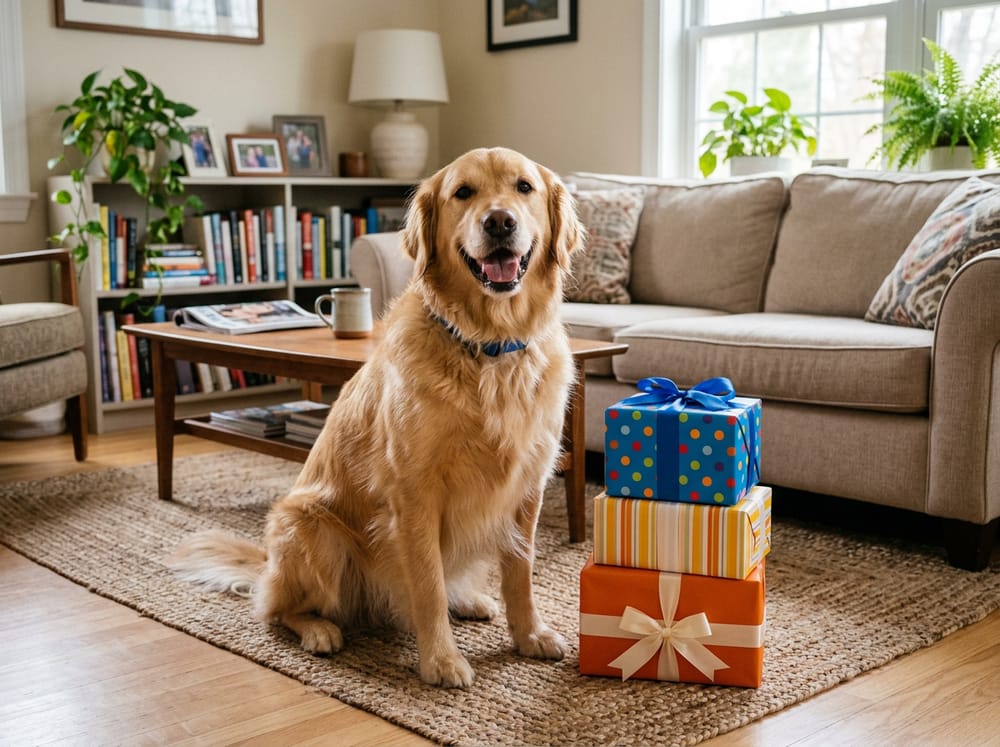 Счастливый golden retriever рядом с подарочными коробками дома